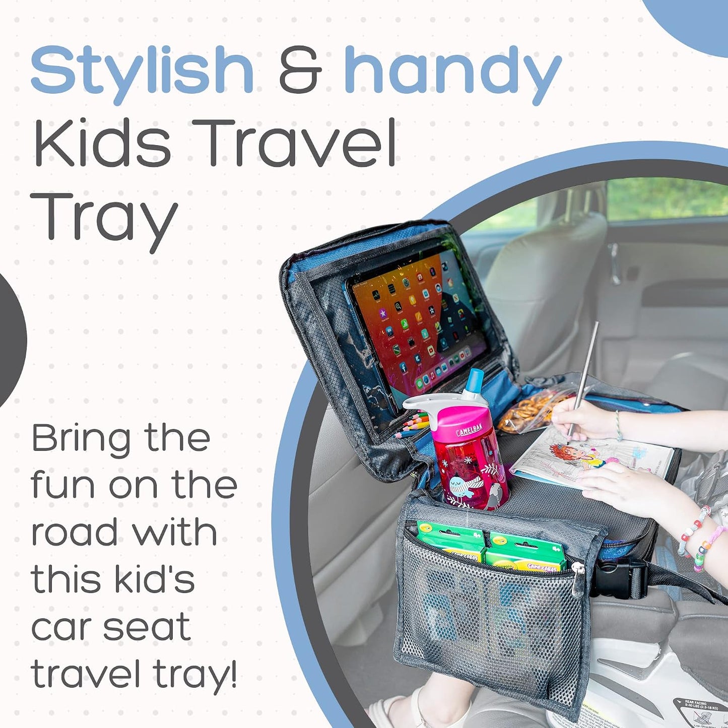 BE Family Travel Kids Car Seat Travel Organizer, Car Accessories for Children, Car Seat Snack Tray, Traveling Essentials for Kids, Toddler Lap Tray for Engaging Activities, Multipurpose Design, Blue