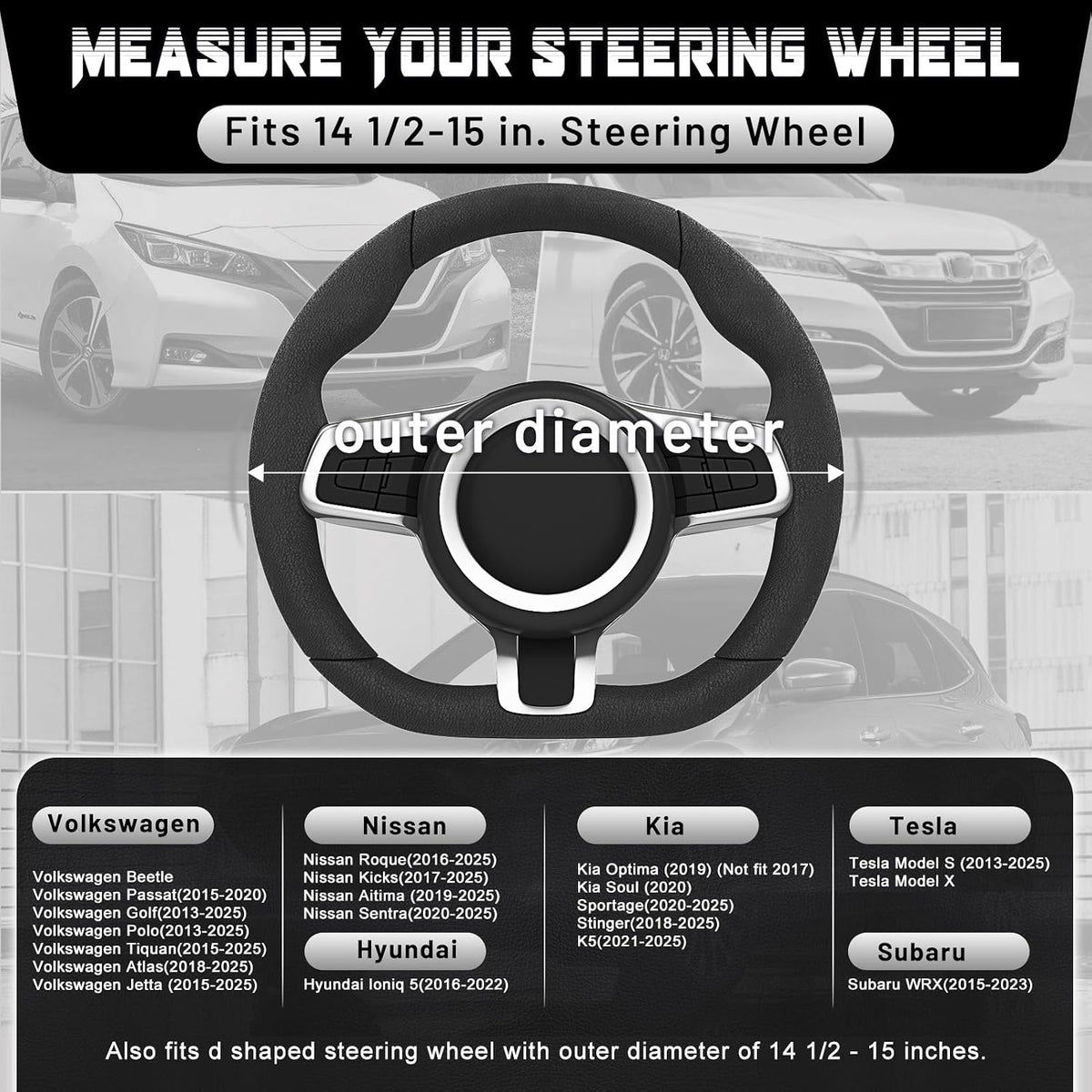 SEG Direct D Shaped Steering Wheel Cover 14.5-15 inch, Black Carbon Fiber