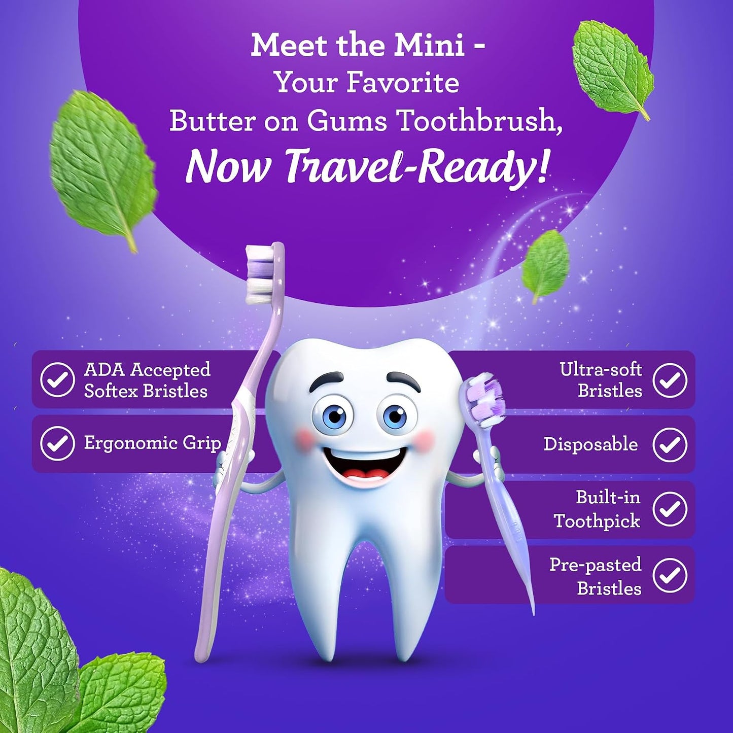 GuruNanda Mini Disposable Toothbrushes with Toothpaste & Toothpick, Prepasted Ready-to-Go Travel Toothbrush with Butter on Gums Bristles - Fluoride Free, No Rinsing, Individually Wrapped, 70 Ct
