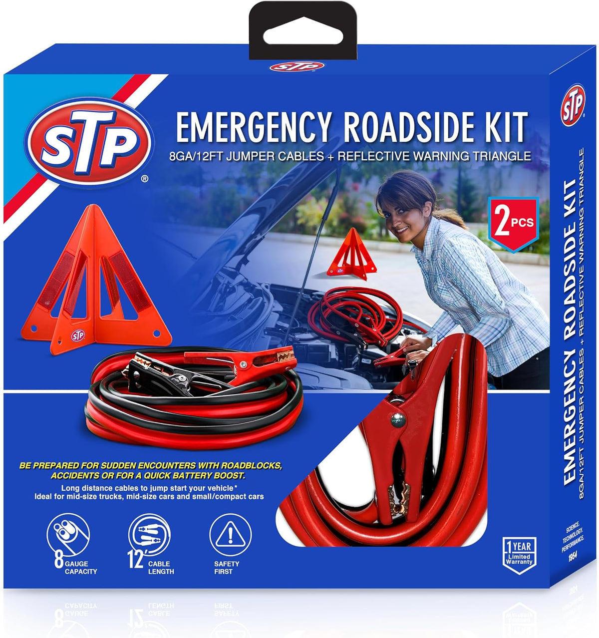 STP Jumper Cables for Car & Reflective Warning Triangle, 12-Foot 8-Guage Heavy Duty Jumper Cables to Jump Star Dead Batteries in Cars Trucks SUVs, Automotive Booster, Professional Vehicle Safety Kit