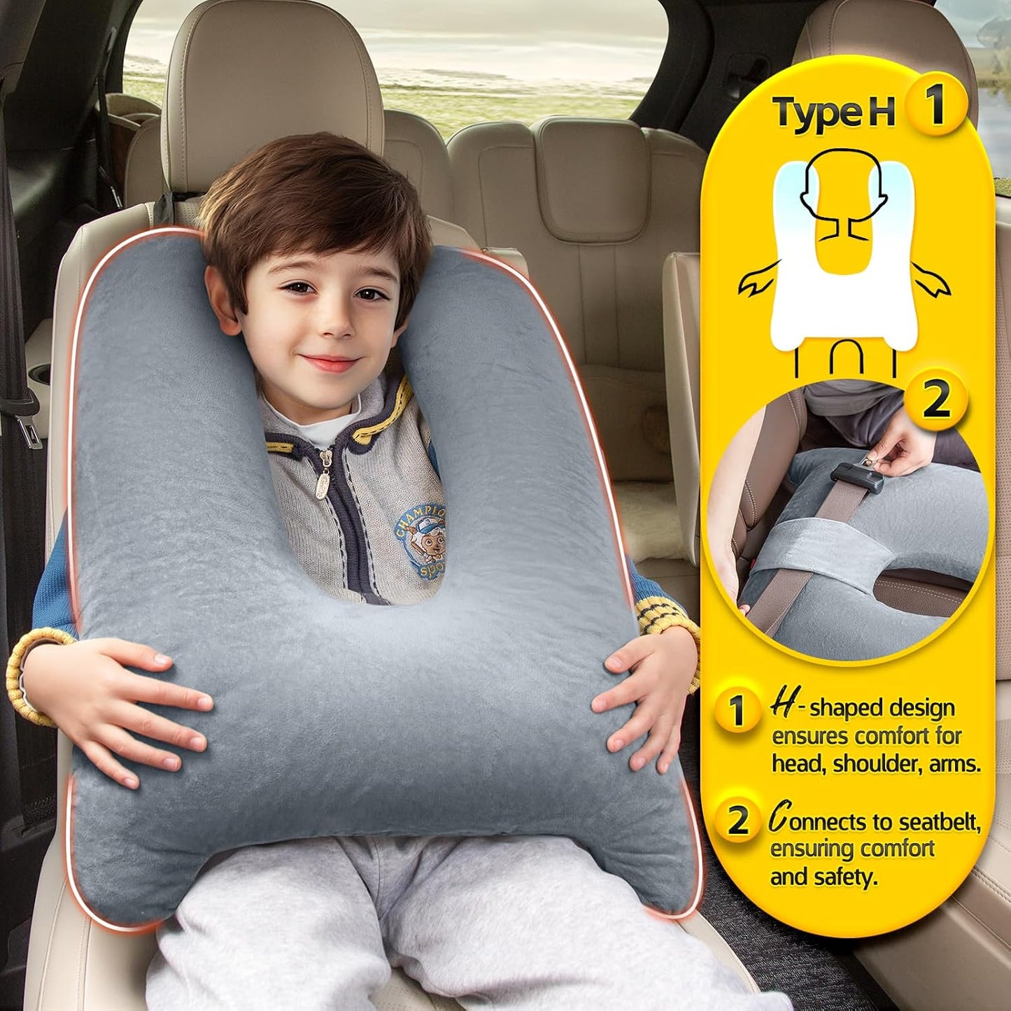 MAGIC ELEPHANT Travel Pillow for Car Sleeping, Car Pillow for Kids Travel and Adults, Neck Pillow and Road Trip Essentials for Kids, Light Grey