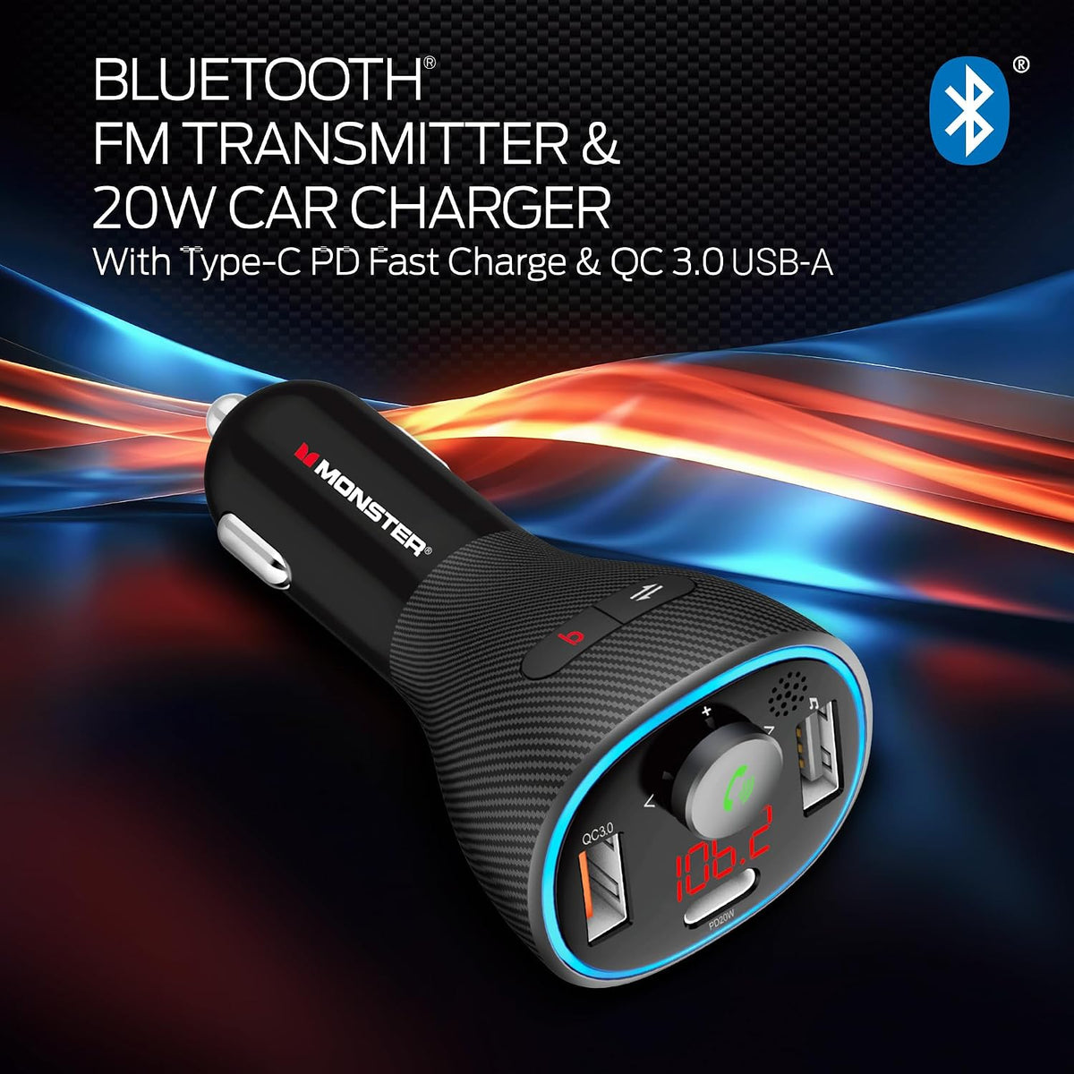 Monster Bluetooth FM Transmitter for Car Cigarette Lighter with 20W QC3.0 USB A & USB C PD Charger, Bass Boost Button, Flash Drive Port, Google Voice & Siri Compatible, Hands-Free Calls, Microphone