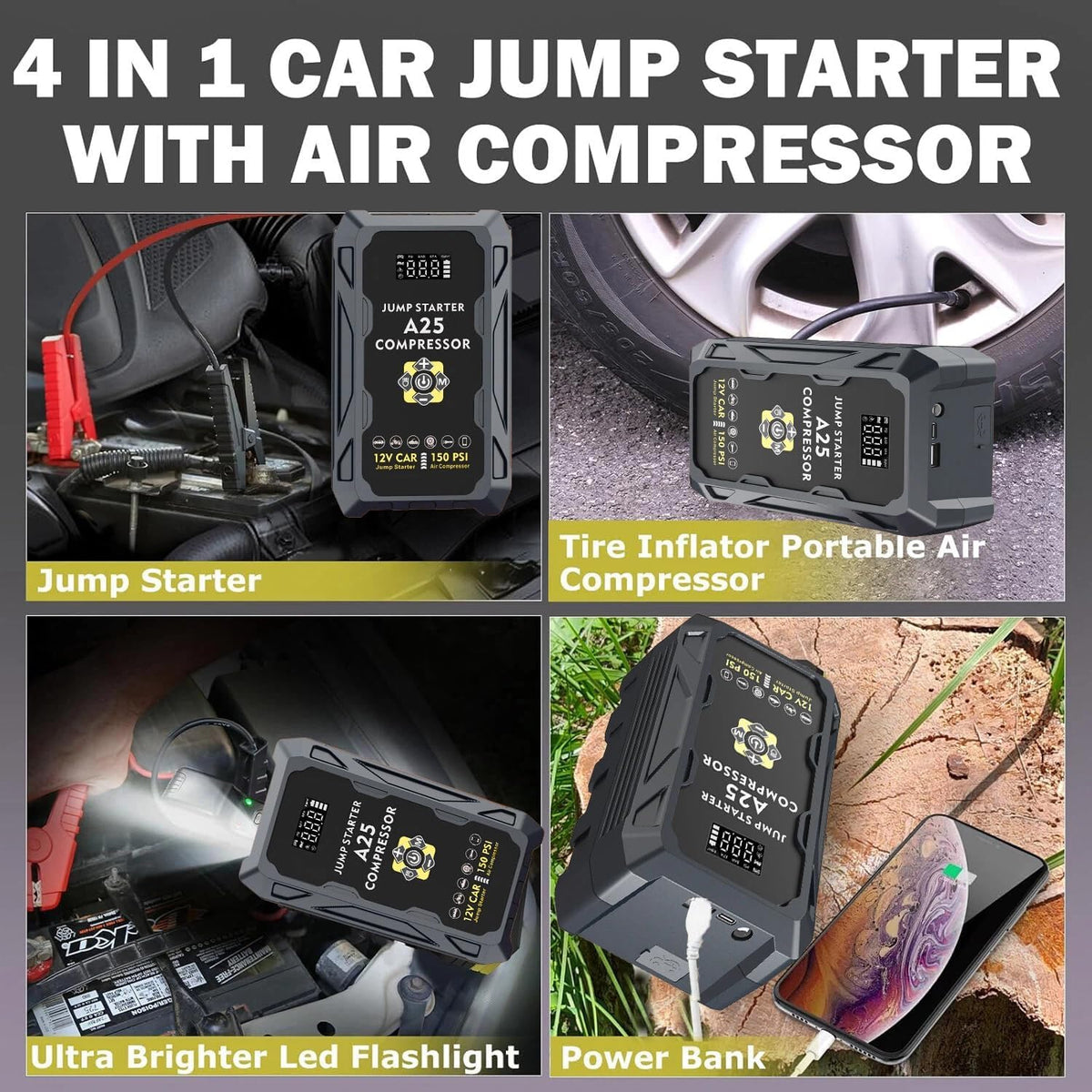 Portable Air Compressor for Car Tires with 3000A Jump Starter, 4-in-1 Emergency Kit with Tire Inflator, Battery Booster, Power Bank & SOS Flashlight, Cordless Electric Pump for Cars, Trucks