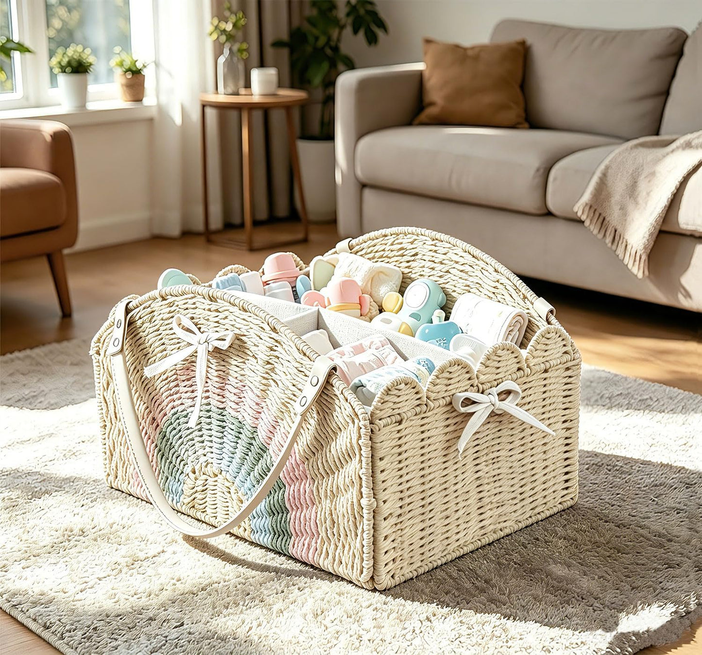 Large Baby Diaper Caddy, Paper Rope Storage Baskets Nursery Bin with Removable Divider, Portable Car Organizer for Diapers, Baby Shower Gifts, Newborn Essentials Must Haves (Light beige)