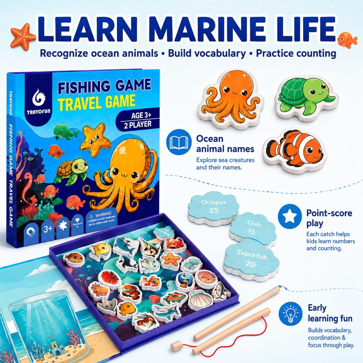 TRAVOFUN Magnetic Fishing Game Book for Kids Ages 3-8, Travel Toys for Toddlers 3-5, Road Trip and Airplane Activities, Quiet Portable Car Ride Toy with 2 Poles and 27 Ocean Fish