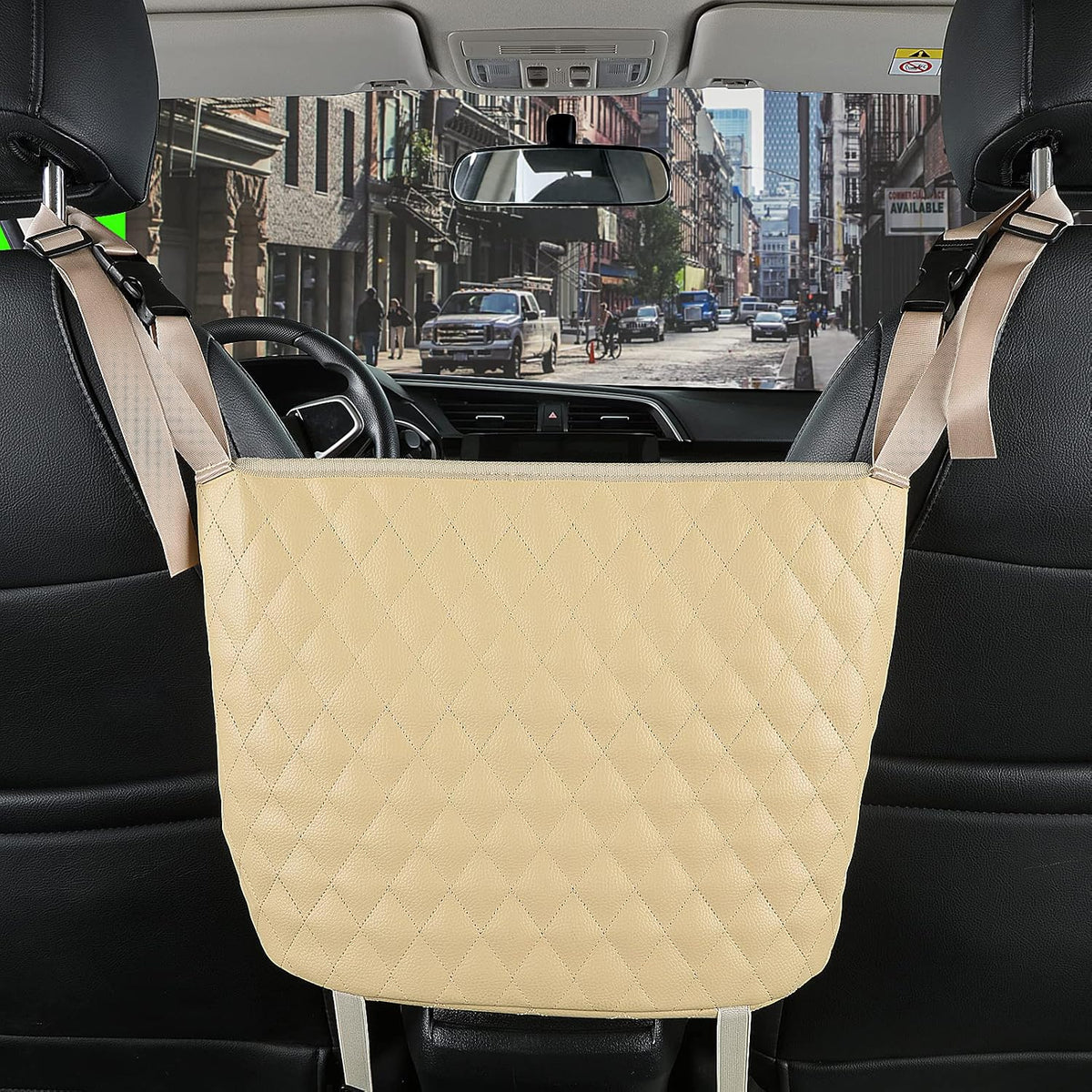 Car Organizers and Storage Purse Holder, Large Capacity Car Net Pocket Handbag Holder, Automotive Consoles & Backseat Organizer, Leather Back Seat Bag Between Car Front Seats, Beige