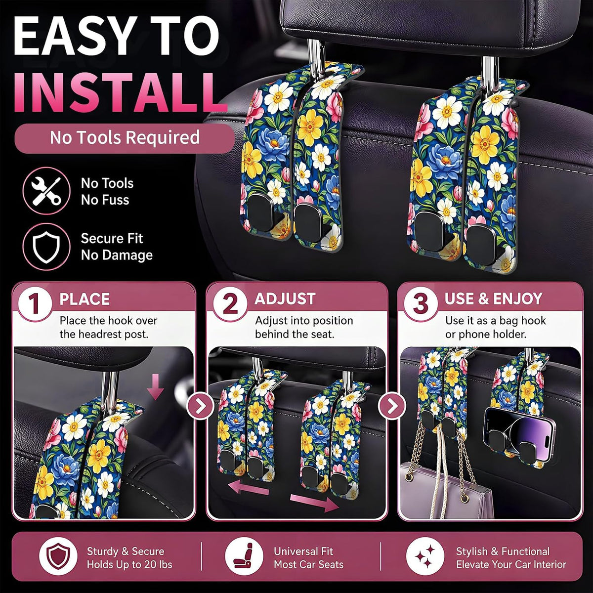 Car Seat Back Storage Hook, Funny Car Purse Hook, Cute Vehicle Storage Organizer for Purses Handbags Bright Floral Pattern