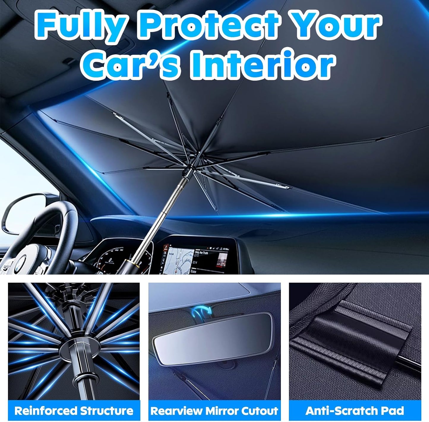 Multper Car Windshield Sun Shade - Reflective Foldable Sunshade Umbrella for UV Rays & Heat Protection, 360° Rotation Bendable Front Window Shield Easy Storage & Keeps Interior Cooler - 55"*31.5"
