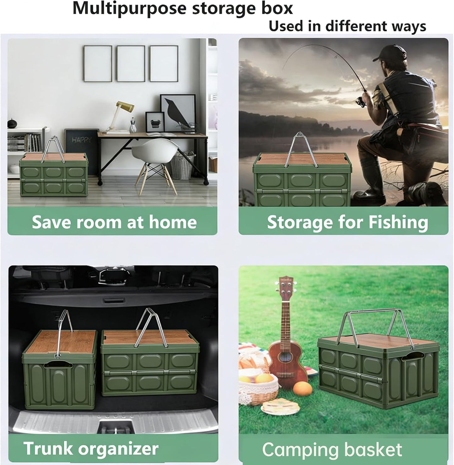 Collapsible SUV Trunk Organizer Plastic Durable Cargo Storage Box Outdoor Storage Organizer Box Secure Snap-on Lid Car Boot Organizer Hard Plastic Storage Box for Camping Picnics,Green