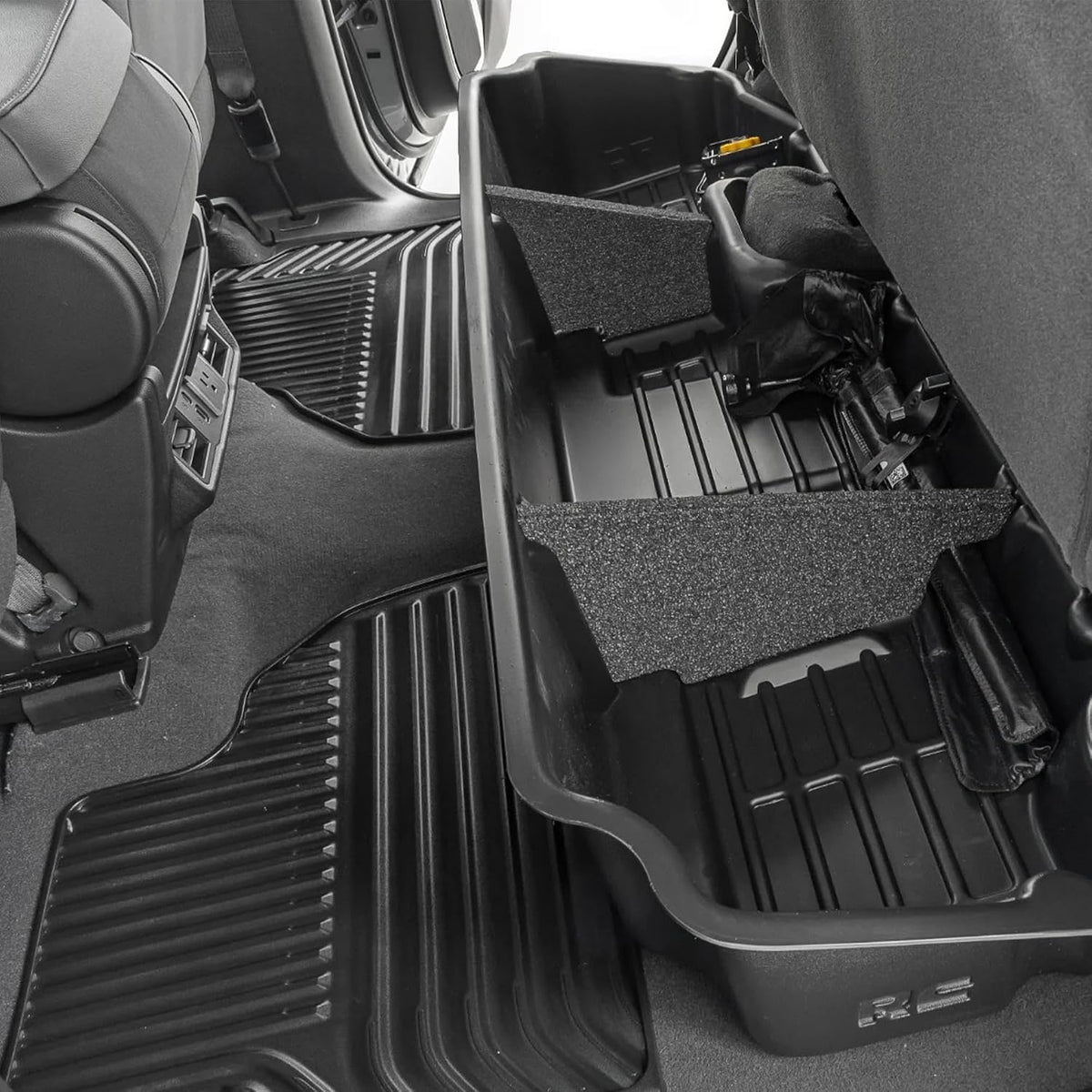 Rough Country Under Seat Storage for Chevy Silverado & GMC Sierra 1500/2500HD/3500HD Double Cab (2019-2026) - Custom Rear Under Seat Organizer Tray Without Lid