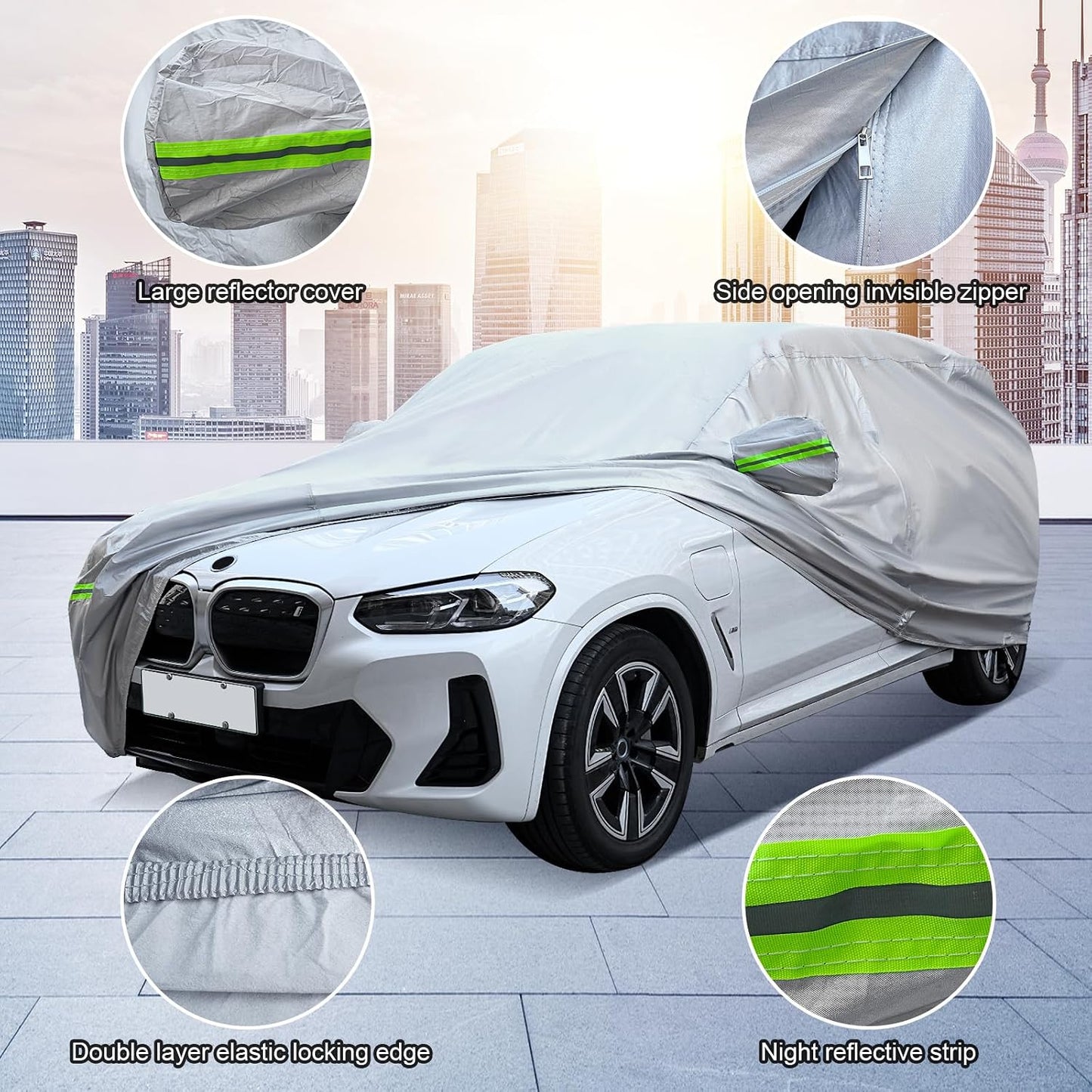 Full Car Cover Universal 6 Layers Outdoor Thicked All Weather Cover, Sunshield, Waterproof, Snow Proof, UV Proof, Scratch Proof, Bird Droppings, 6 Reflective Strips, Fits SUVs up 181"-190"