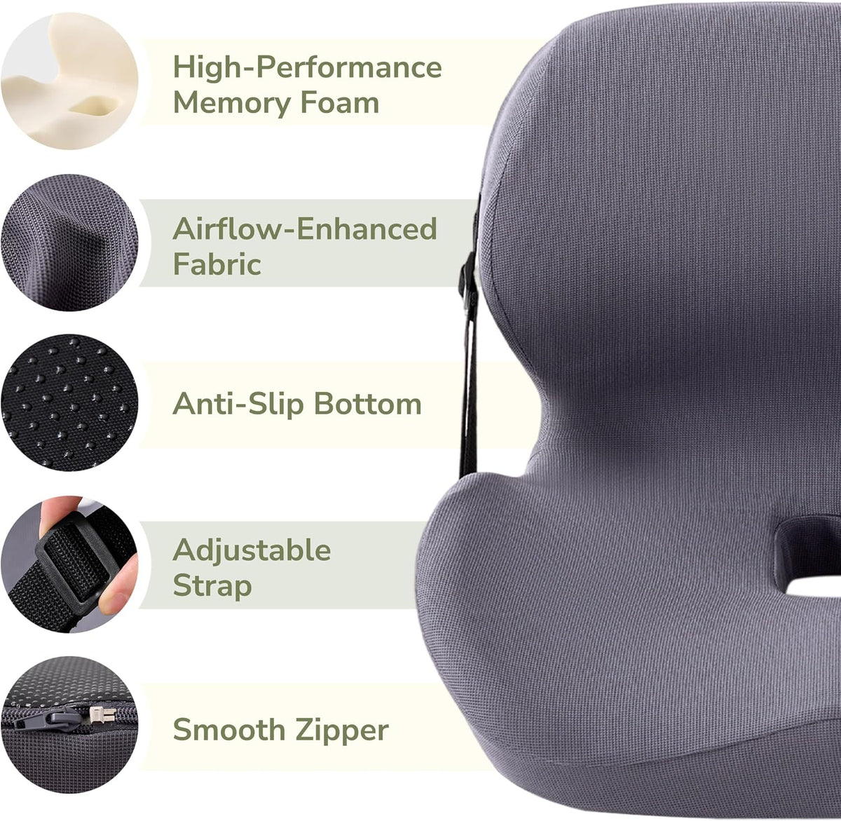 EGOHOME L-Shaped Seat Cushion for Office Chair & Car, Memory Foam Coccyx Cushion with Lumbar Support - Relieves Tailbone, Sciatica, Lower Back Pain, Adjustable Strap & Non-Slip Bottom, Grey