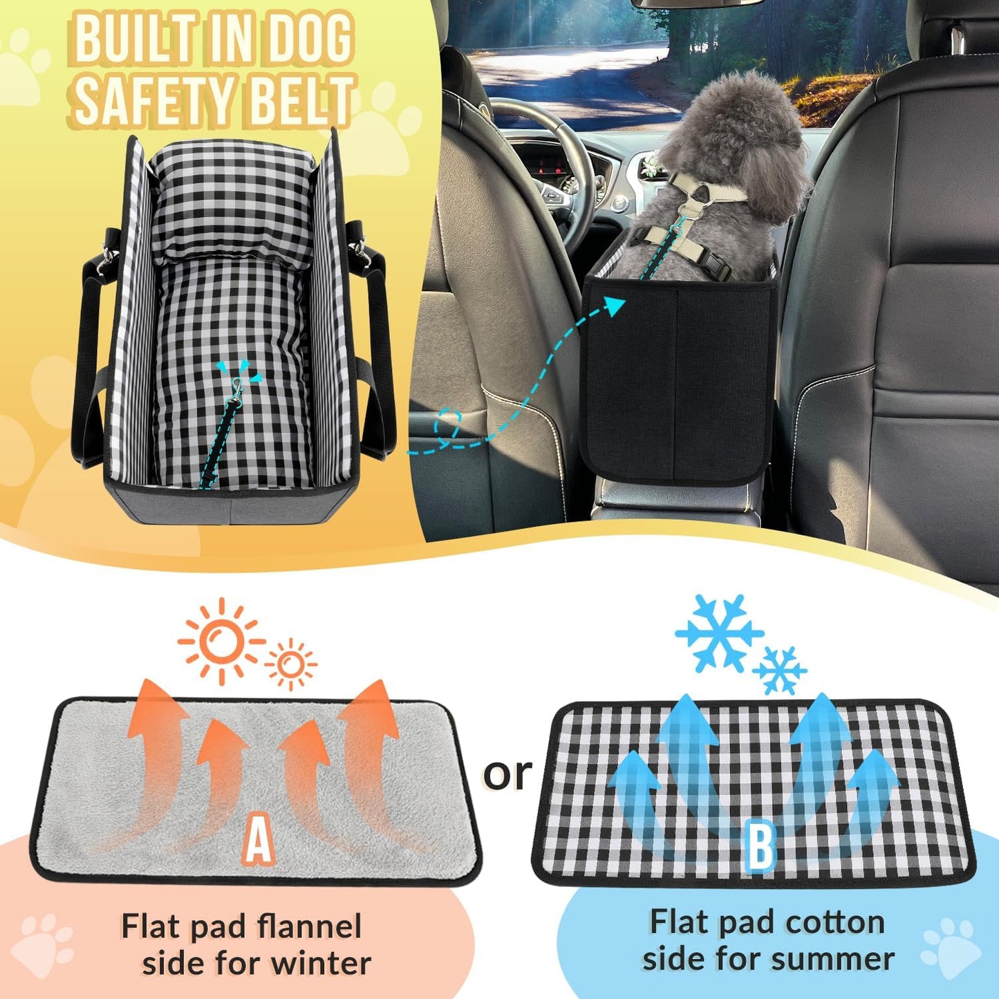 SlowTon Console Dog Car Seat - Portable Dogs Armrest Booster Seat for Small Dog, Anti-Collapse Pet Car Seat with Soft Cushion Safety Belt, Support Pet Up to 11lbs (Black)