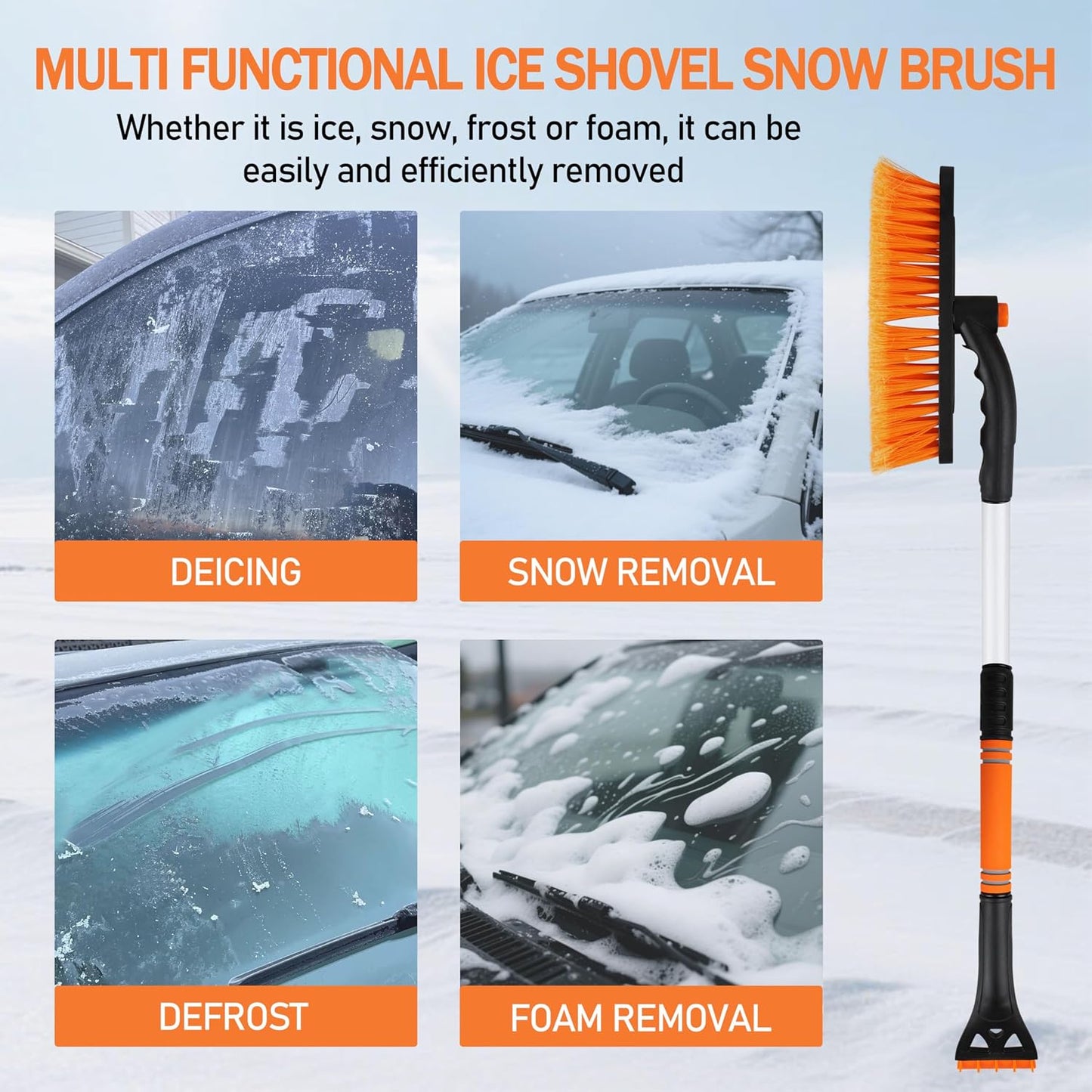 30.7" Snow Brush and Ice Scrapers for Car Windshield Detachable Snow Scrapers with Foam Grip 360° rotatable for Cars, Trucks, SUVs 1Pcs Orange