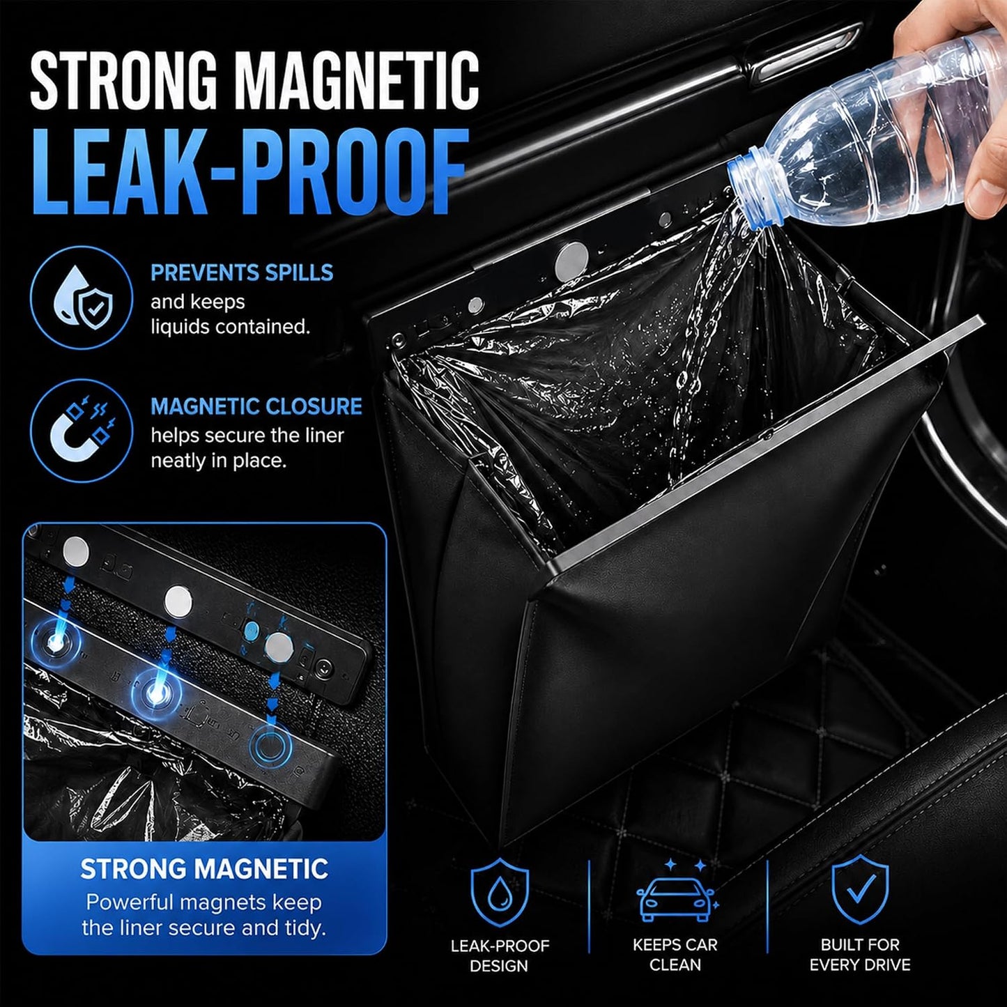 Car Trash Can Leak-Proof, 4 Pack Black Large Capacity Auto Trash Bin with Magnetic Opening, Multi-Purpose Open-Top Car Organizer for Backseat, Console, Door, Phone, Drinks, and Small Items