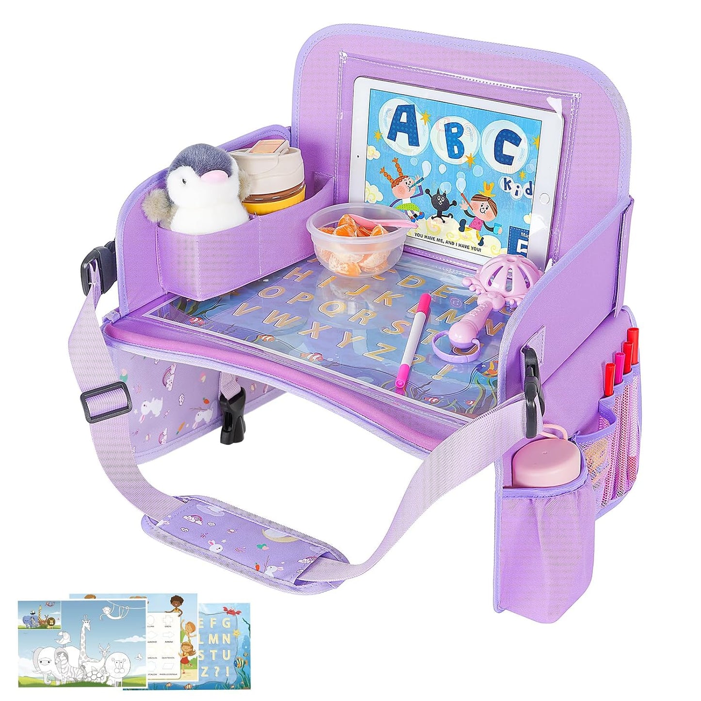 MENZOKE Kids Travel Tray, Car Seat Tray for Kids Travel, Toddler Essentials | Road Trip Activities Accessories with Tablet Holder, Cooler Cup Holder, Dry Erase Board & Storage Pocket for Airplane, Blue
