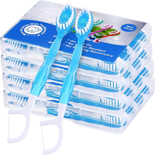 36 Pack Mini Disposable Toothbrushes – 5-in-1 Prepasted Travel Toothbrush with Toothpaste Floss & Pick for Hotel Camping Flight Car Guest Use – 9ct per Portable Case Essentials for Women Men Kids