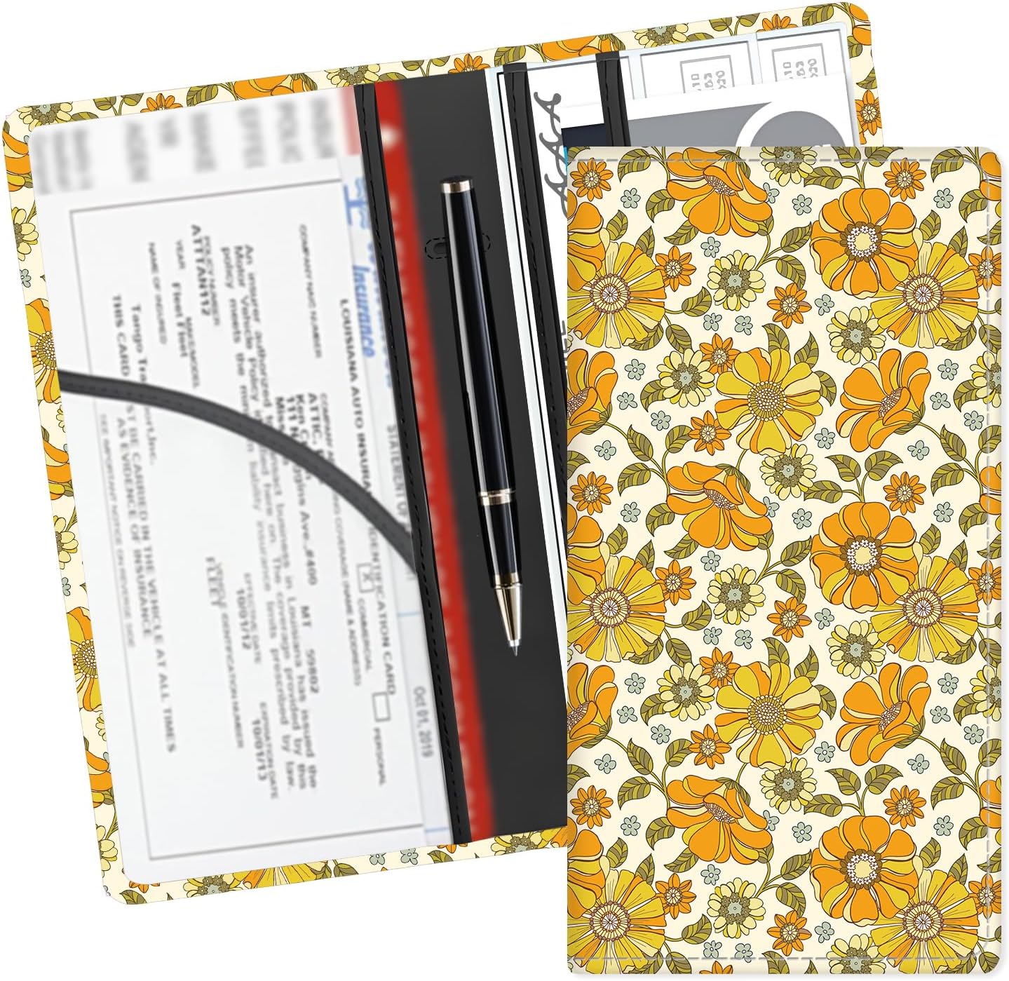 Leather Car Registration and Insurance Card Holder, Cute Car Accessories Vehicle Glove Box Car Organizer for Documents, Cards, License Grey Cute Flowers
