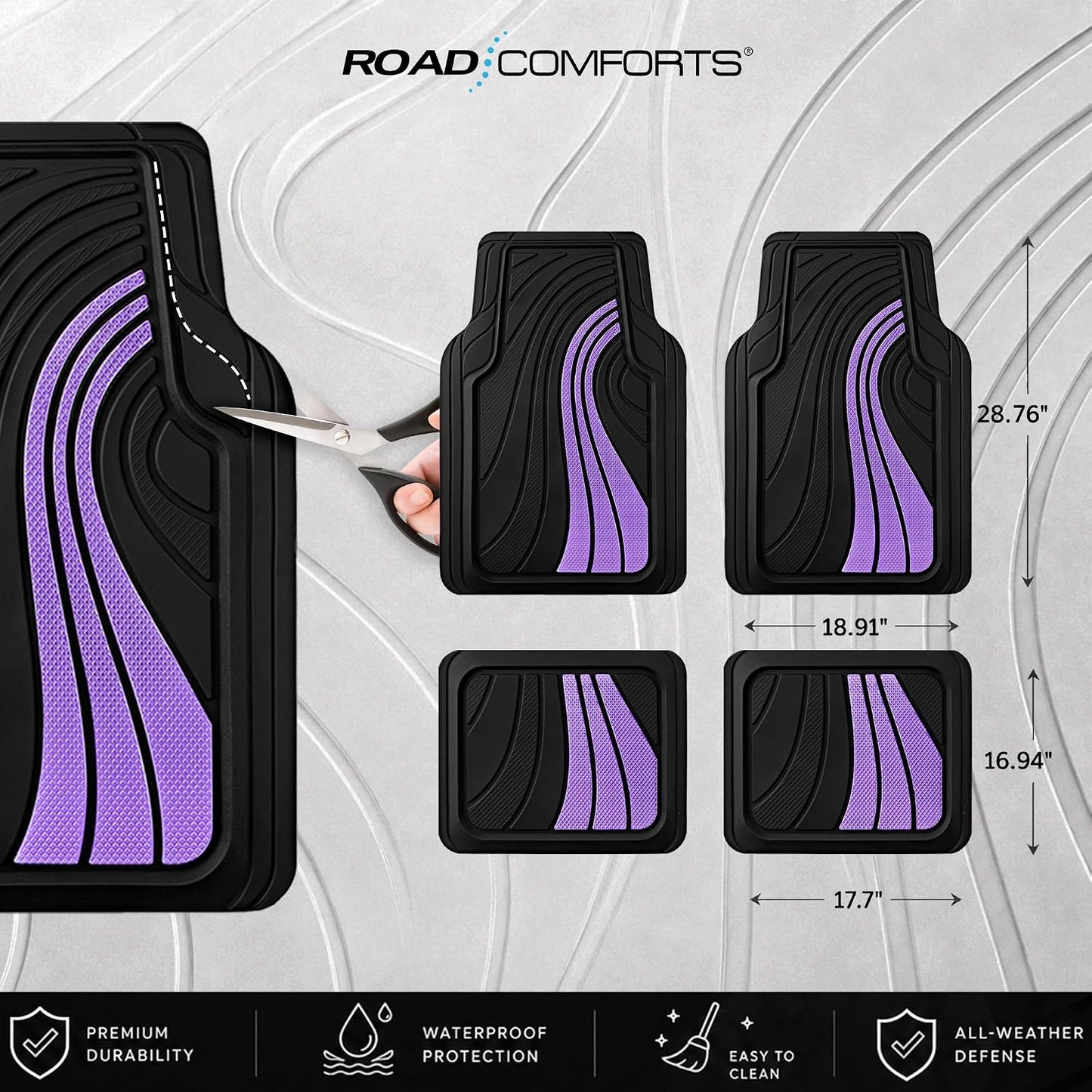 Road Comforts Car Floor Mats Full Set – Front & Rear Car Floor Mats with Aluminum Design, Anti-Slip Backing, All-Weather Protection, Trim-to-Fit Car Mats for Most Sedans, SUVs & Vans - Lighet Purple
