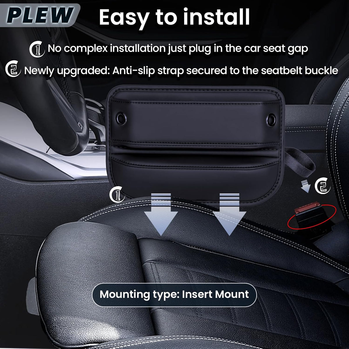 2-Pack Car Seat Gap Filler Organizer - Upgraded Anti-Slip Strap Design - Premium Leather Side Console Pocket - Prevent Phone Falling - (0.2”-1.2" Gaps),Clever Gifts for SUV, Truck & Sedan, Black