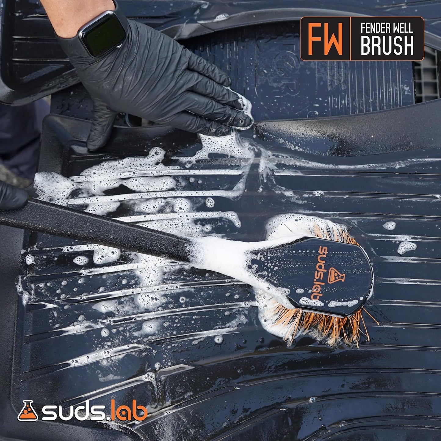 Suds Lab FW Fender Well Brush, Car Wash Brush, Long Handle Tire Cleaner for Car Detailing, 18 Inch, Soft Bristles, Non-Slip Grip, Black