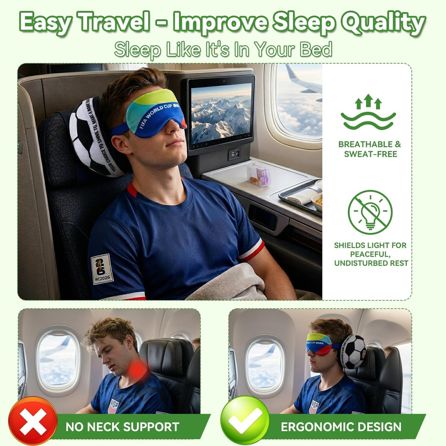 MESUCA FIFA World Cup 2026 Travel Pillow with Eye Mask - Official FIFA World Cup 2026 Merchandise -Soccer Ball Design Neck Pillow 2-in-1 Comfort for Traveling,Car,or Train