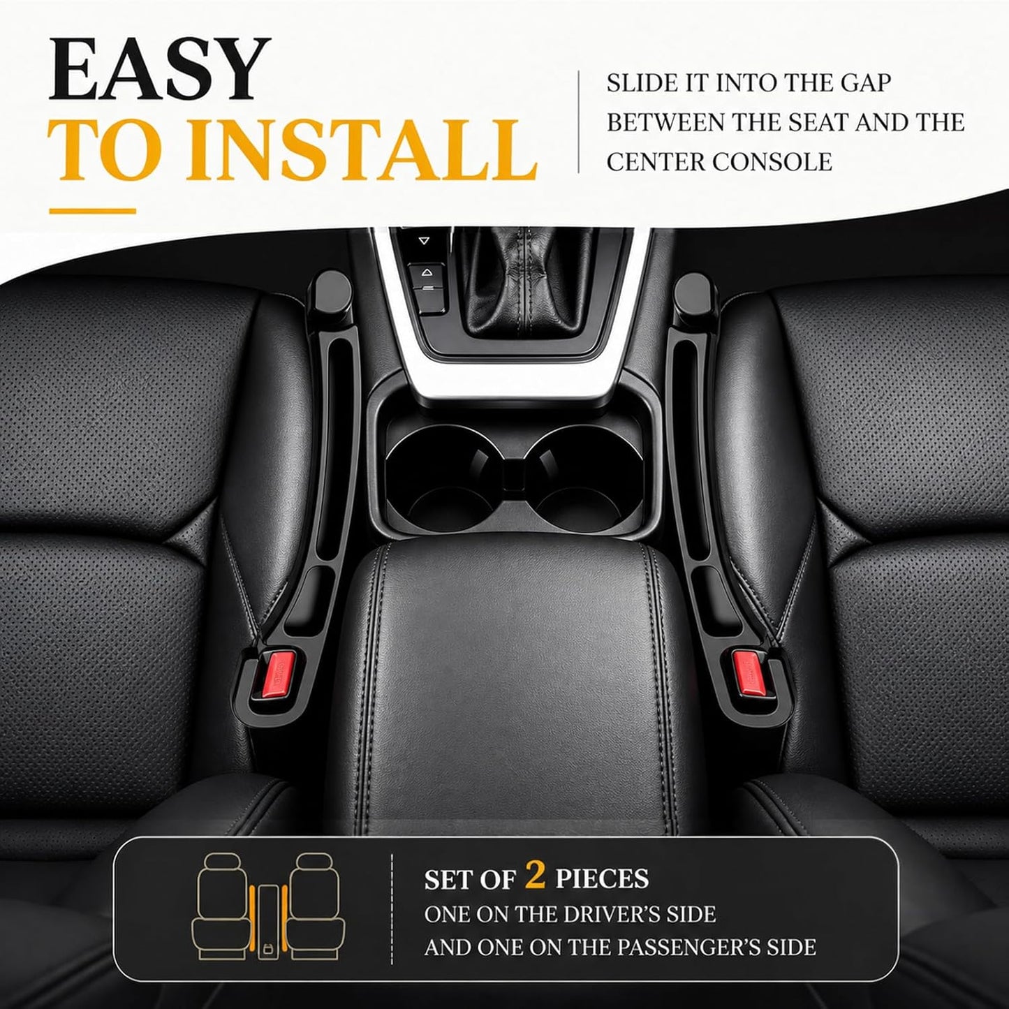 2-Pack Car Seat Gap Filler Compatible with Subaru Outback, Forester, Crosstrek, Ascent & Solterra Accessories, Seat Gap Organizer with Emergency Glass Breaker & 2 Sunglasses Holders, Black