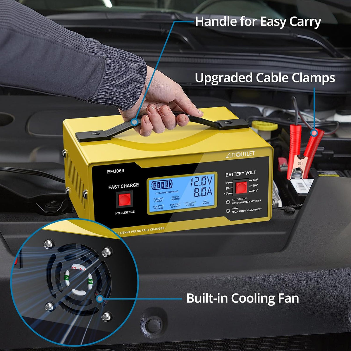 AUTOUTLET Upgraded 6/8/12/14/16/24V Battery Charger Automotive Smart Car Battery Charger and Trickle Maintainer 0-14A Fully Automatic with Cable Clamps for Lead-Acid Batteries(NOT Lithium Battery)