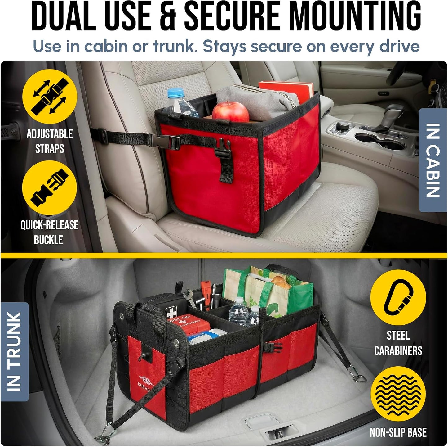 XL Trunk Organizer 4-Section Modular System – Extra Large Car Cargo Storage, Foldable Multi-Compartment Bin for Groceries, Gear & Travel – High-Density Structure – Red