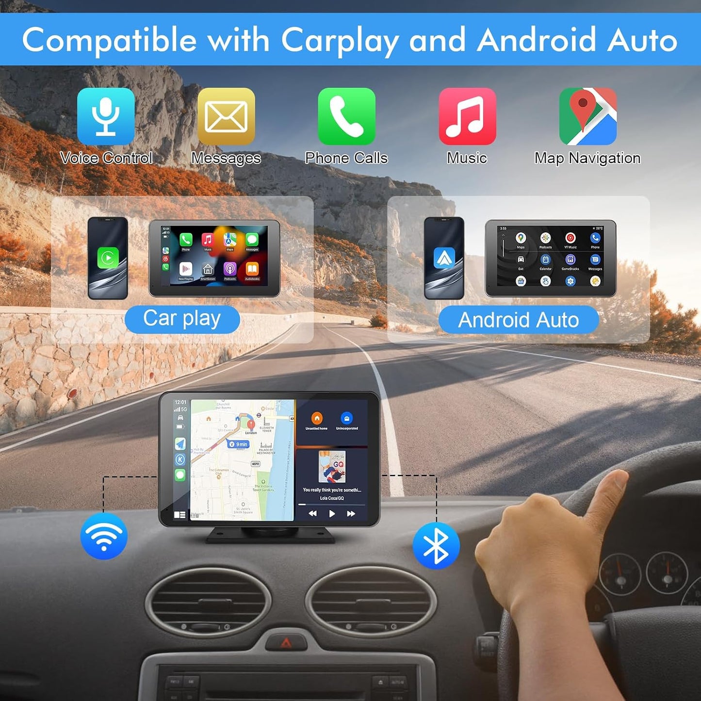 Capapro 7" HD Portable Carplay Wireless Touch Screen Double Din Car Stereo Compatible Apple Carplay and Android Auto with GPS Navigation, Voice Control, Mirror Link, Bluetooth