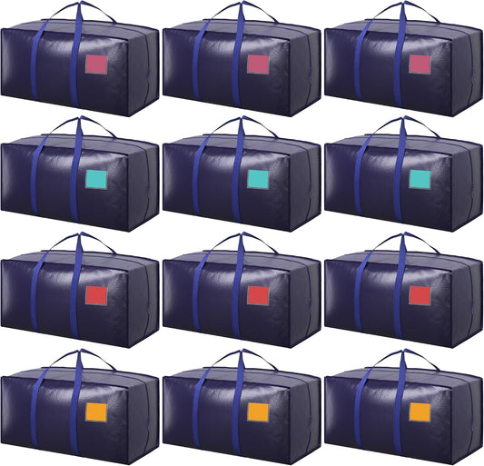12 Pack Moving Bags with Full-Open Side Zipper, Extra Large 93L Heavy Duty Waterproof Foldable Storage Totes for College Dorm, Moving & Home OrganizationDarkBlue