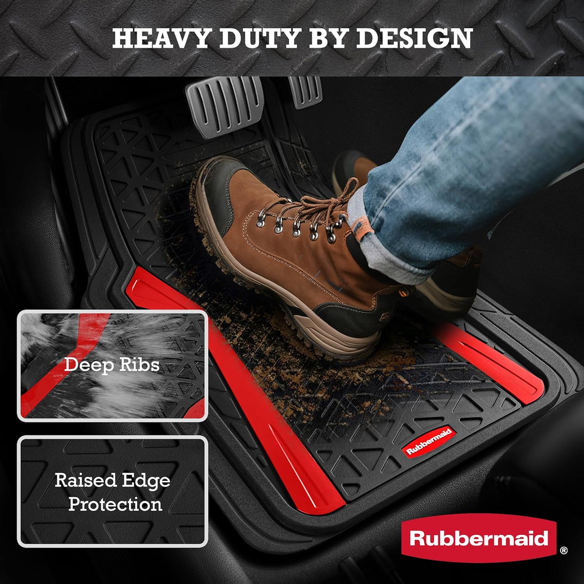 Rubbermaid Car Floor Mats Full Set,Premium Heavy Duty All-Weather Car Mats– Rugged Rubber with Brushed Aluminum Inserts, Universal Trim-to-Fit, Anti-Slip Backing for Cars, SUVs, Trucks & Vans - Red