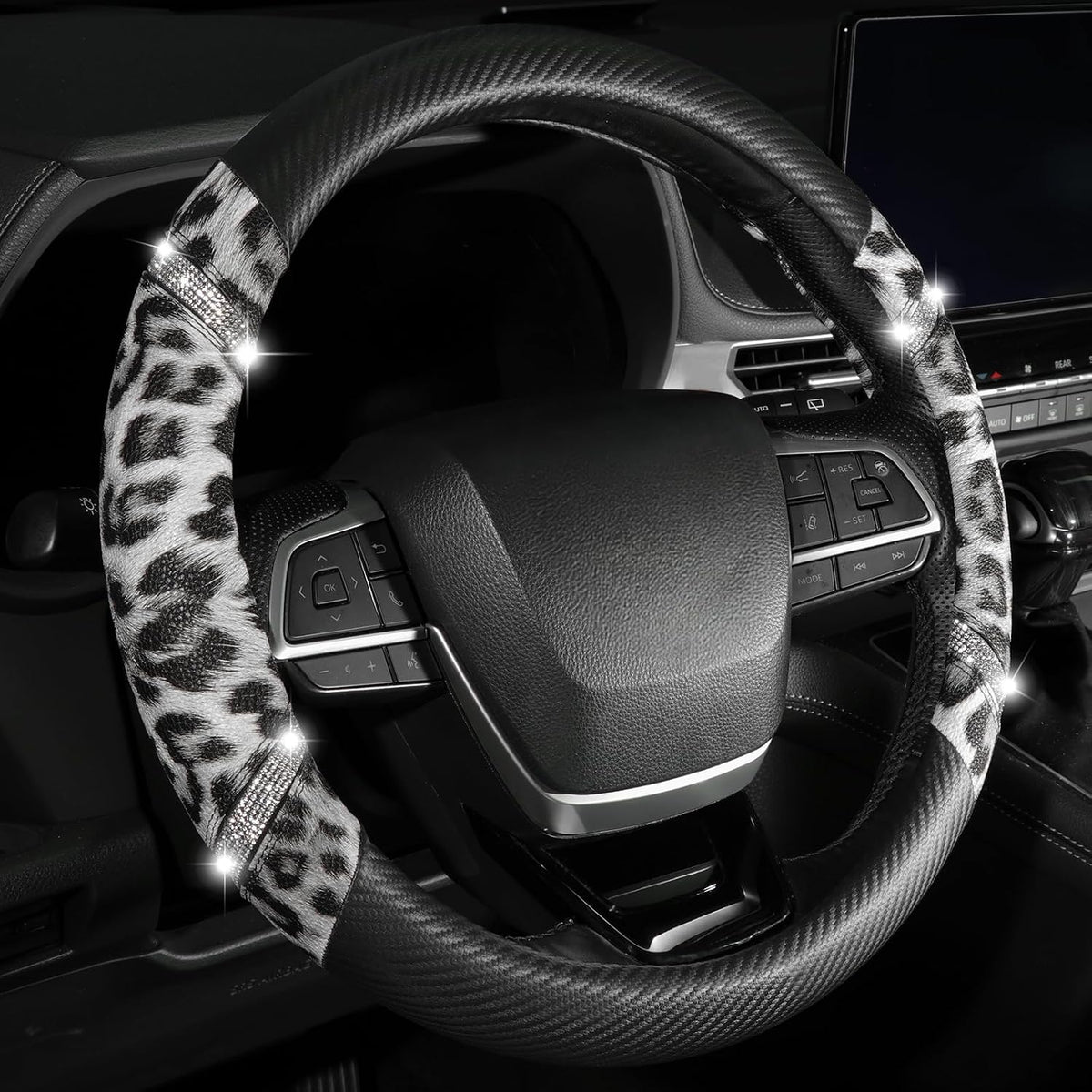 Rhinestones Leopard Leather Car Steering Wheel Cover-Black&White