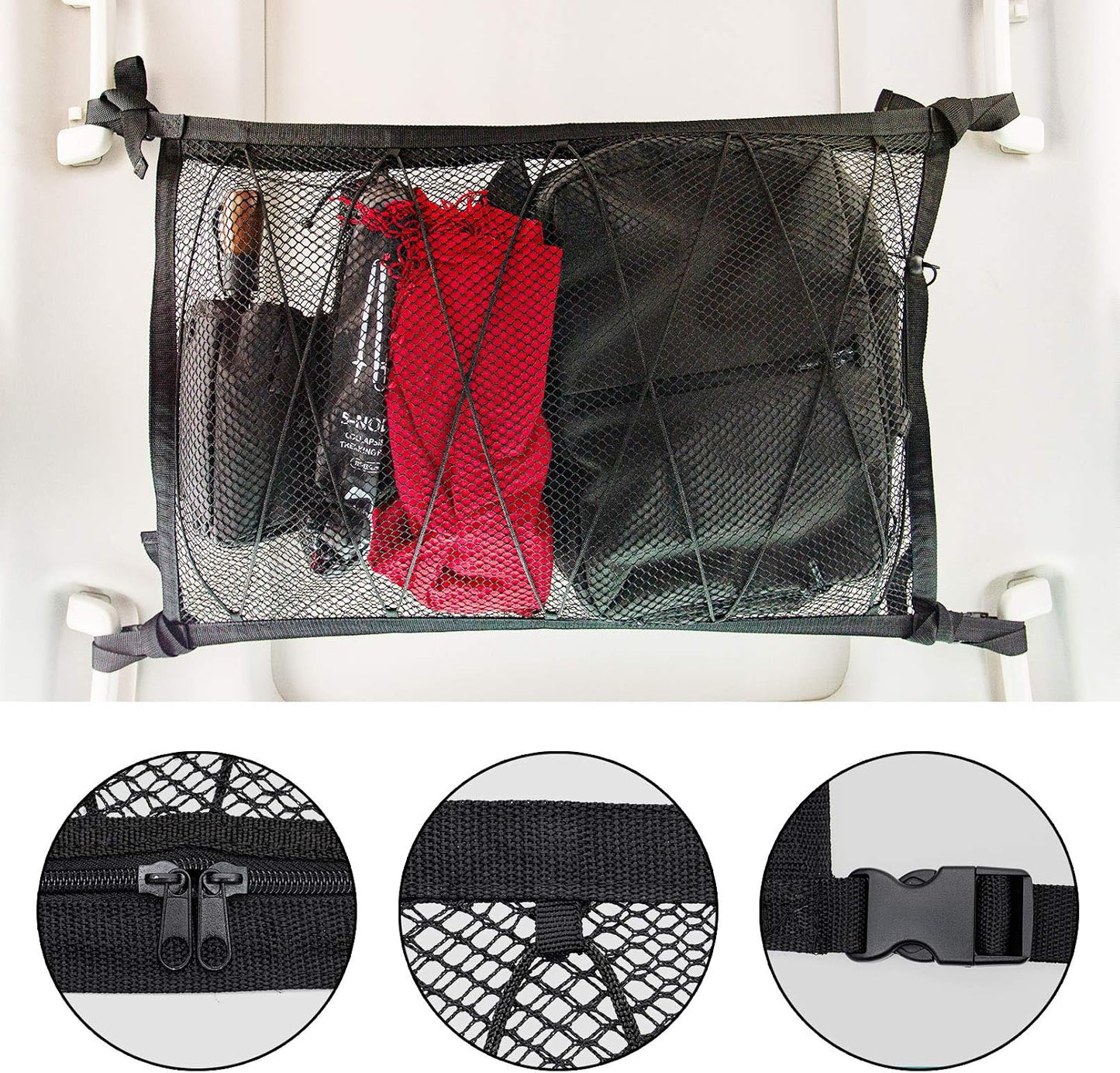 Car Ceiling Cargo Net 35.4" x 23.6", Double Layer Roof Storage Organizer for SUV,Overhead Mesh Holder with Reinforced Straps,Road Trip Essentials for Camping Travel Fits 4 Handle Vehicles