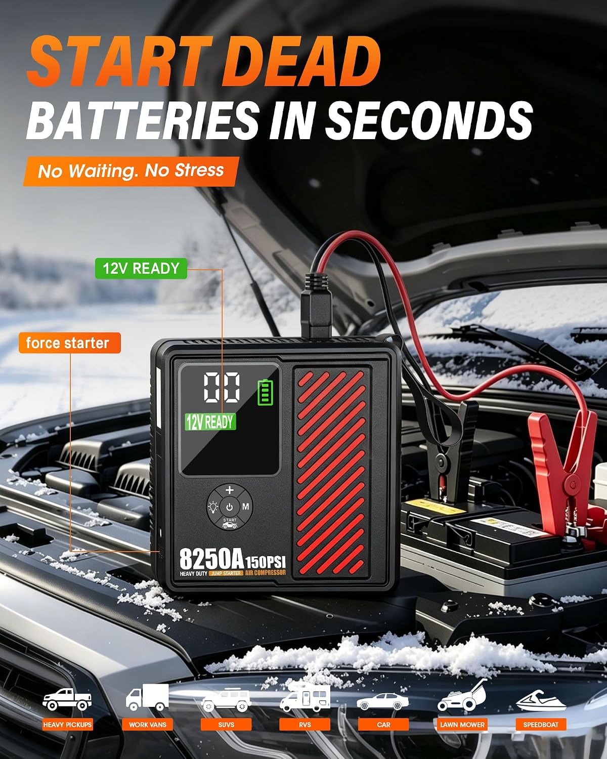 JFEGWO 8250A Jump Starter with 150PSI Air Compressor, 12V Battery Booster