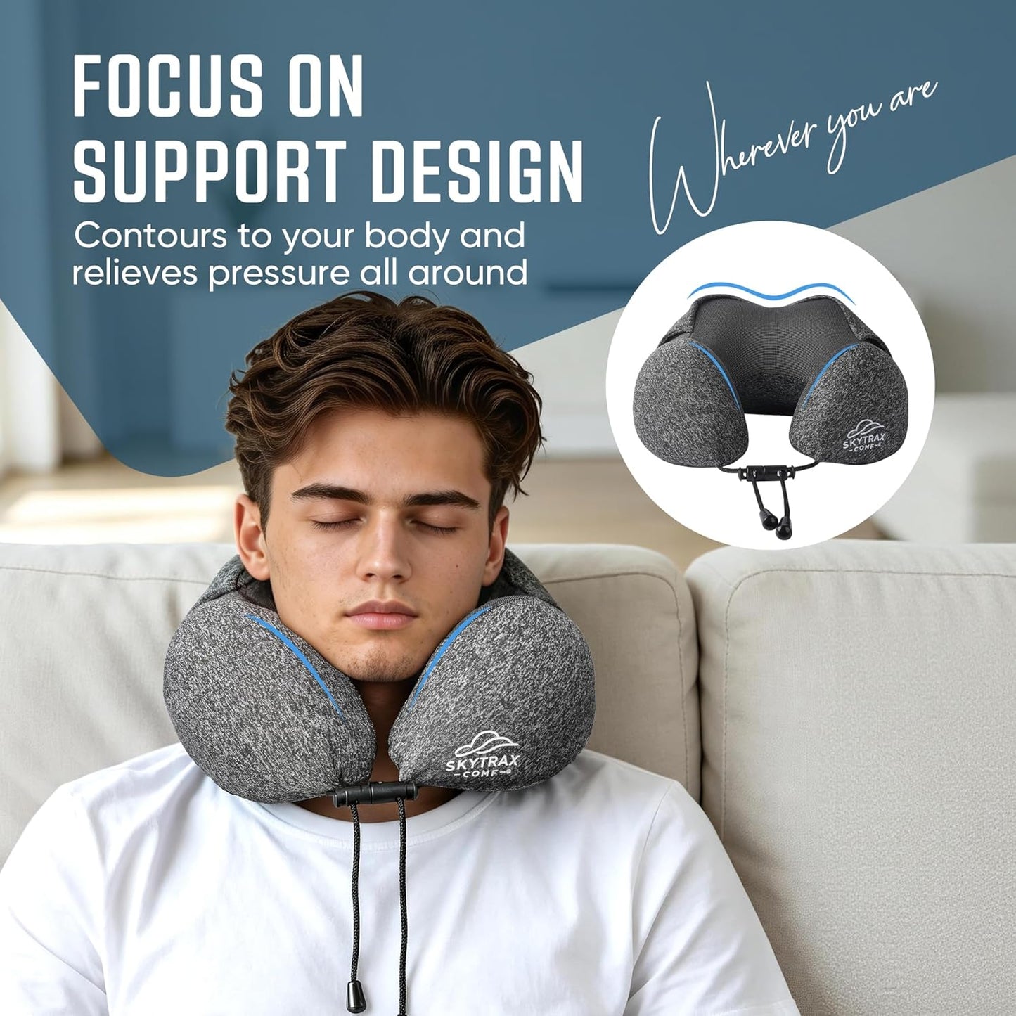 SkytraxComf® Travel Neck Pillow with Hood for Privacy on Long Flights | Memory Foam | Airplane Sleep | Safety-Tested Materials | Extra Large Hood | Chin Support | Earplugs | Washable Cover