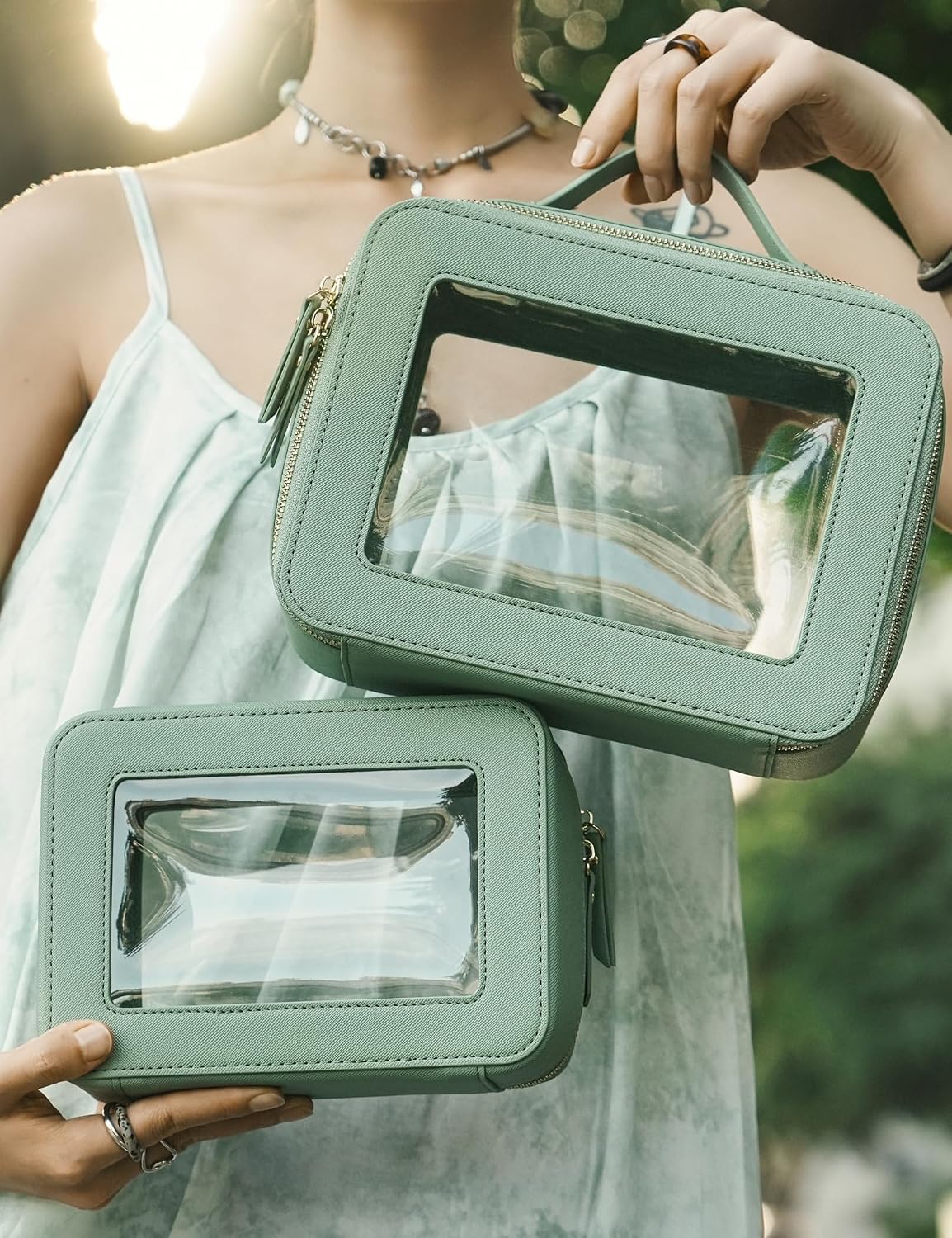 Popvibe Clear Toiletry Bag 2 Pack, Travel Makeup Bag Medium and Large Green