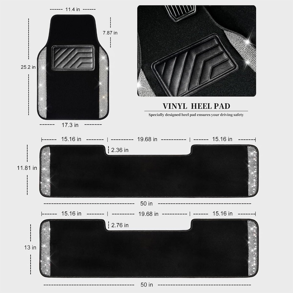 CAR PASS 3 Row Bling Diamond Car Mats Shining Carpet Rhinestones Sparkly Glitter Floor Mats Anti-Slip PVC Heel Pad Universal for Automotive SUV,Sedan,Van, 3rd Row 2 Rear for Girl Women, Black Silver