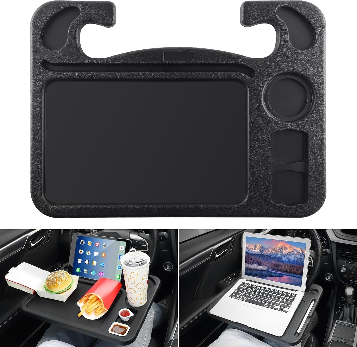 JUSTTOP 4 In 1 Car Steering Wheel Desk for Laptop,Versatile Upgraded Car Seat Tray, Spacious Steering Wheel Table With Tablet Holder and Dual Sauce Racks,Steering Wheel Under Table Console (Large)