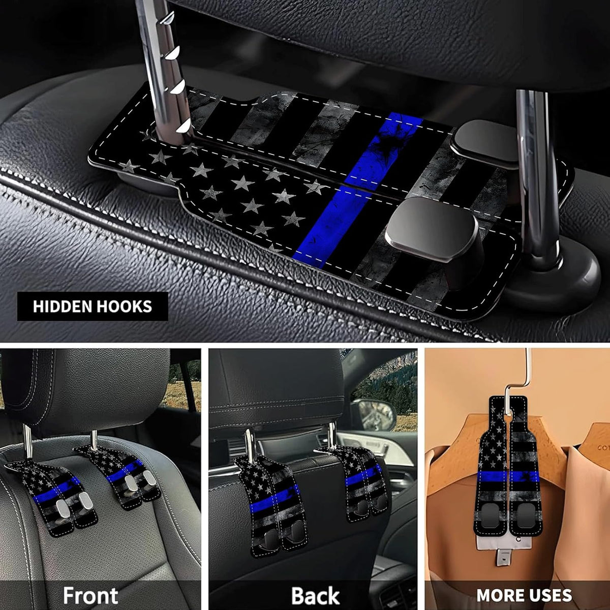 Car Seat Headrest Hook, Universal Leather Cute Hanger Holder Hook, Storage Organizer Interior Accessories for Purse Bags Handbag Black Blue American Flag