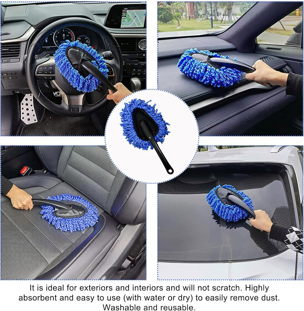 2 PCS Microfiber Car Duster, Scratch Free Auto Exterior Interior Large Dusting Cleaning Brush, Multipurpose Vehicle Dust Cleaner with Extendable Handle, Car Accessories (Blue)