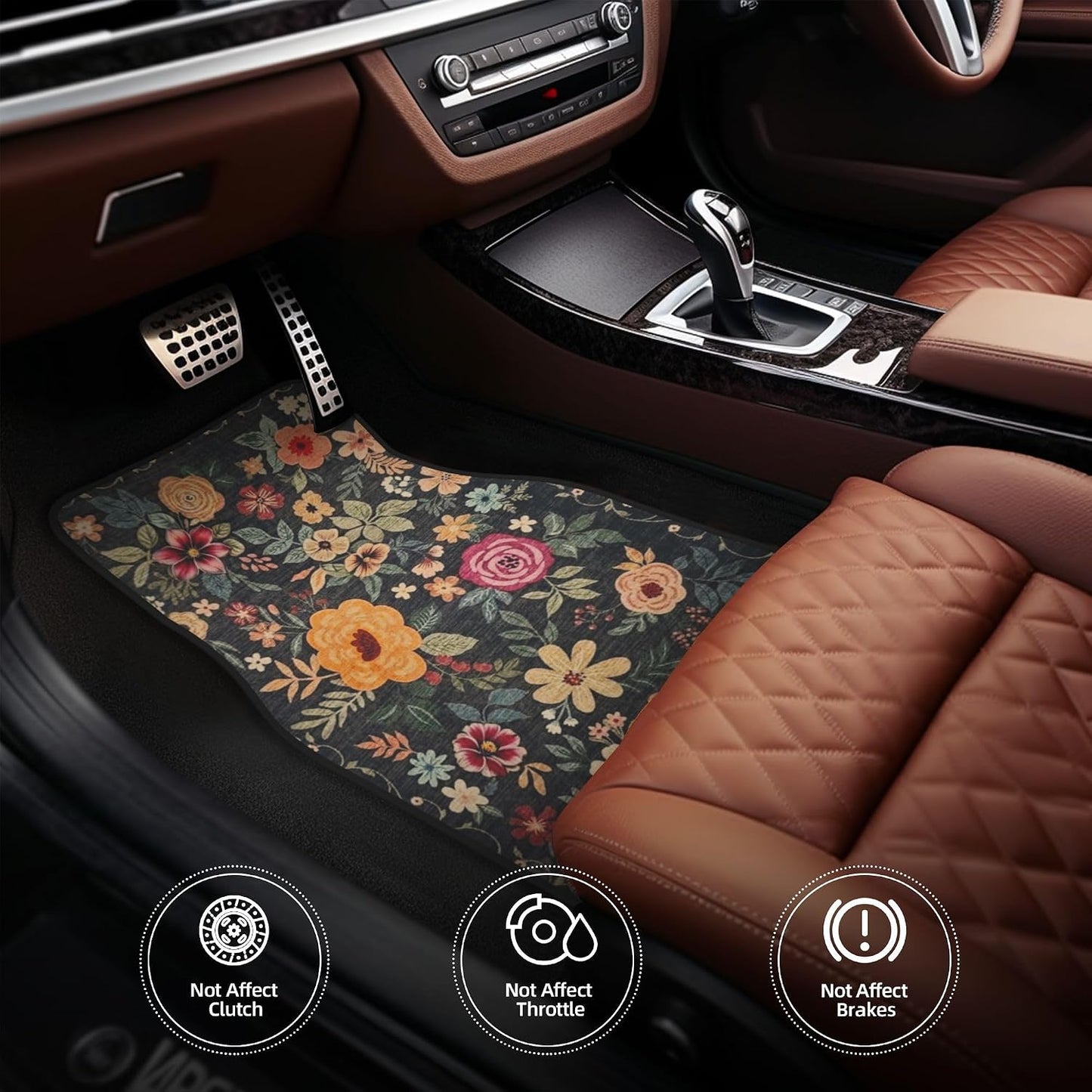 Premium Linen Boho Car Floor Mats Full Set, Vintage Floral Design | Waterproof & non-slip all-weather mats, universal fit for SUV Sedan, luxury car interior accessories for men and women
