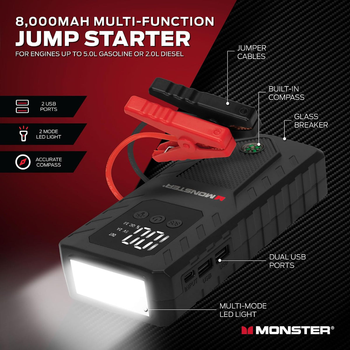 Monster 8000mAh Multi-Function Jump Starter, 12V Output, Dual USB Ports, LED Light, Built-in Compass