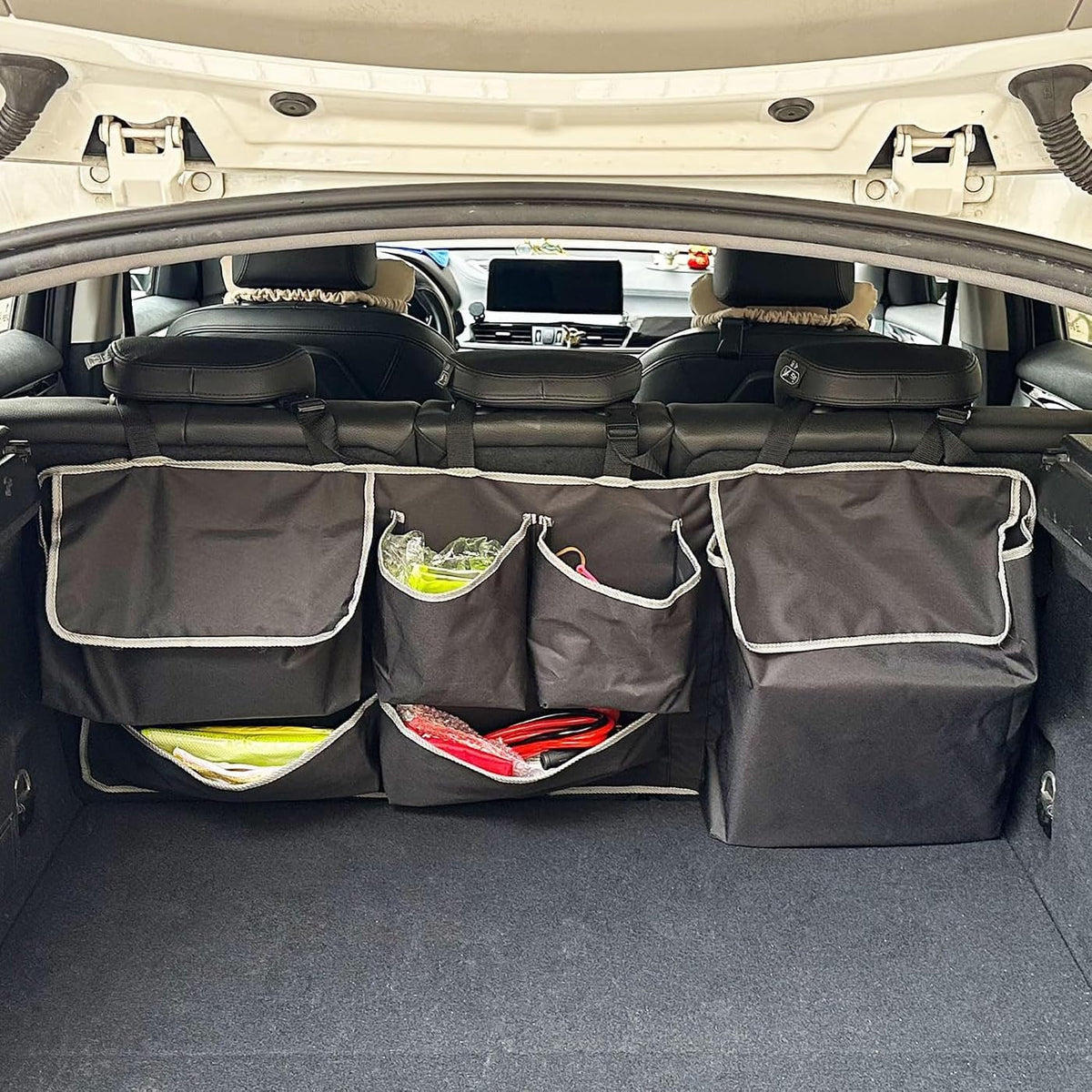 Car Back Seat Trunk Organizer Hanging Bag, Car Interior Organizer Accessories with 4 Pockets and 4 Mesh Pouches,Save More Storage Trunk Space for SUV,Jeep,MPV