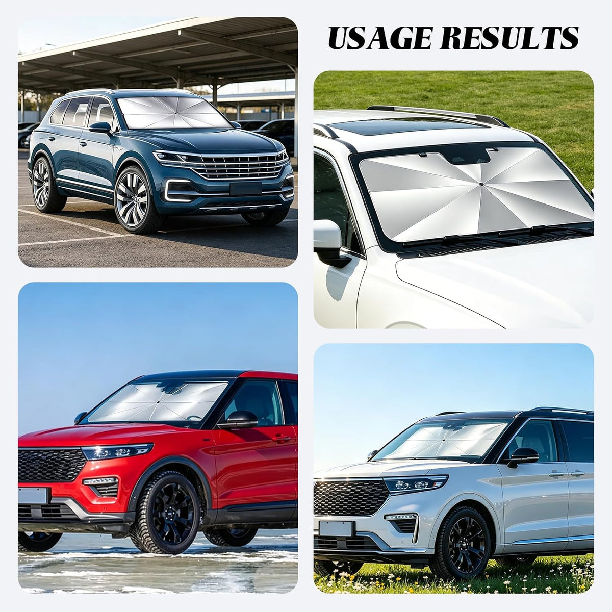 Windshield Sun Shade Umbrella, Foldable Car Sunshade, Ice Crystal Cooling Coating Car Sunshade & Heat Shield, UPF 50+ UV Protection, Spring-Enhanced Frame for Most Sedans SUVs (55"x31")