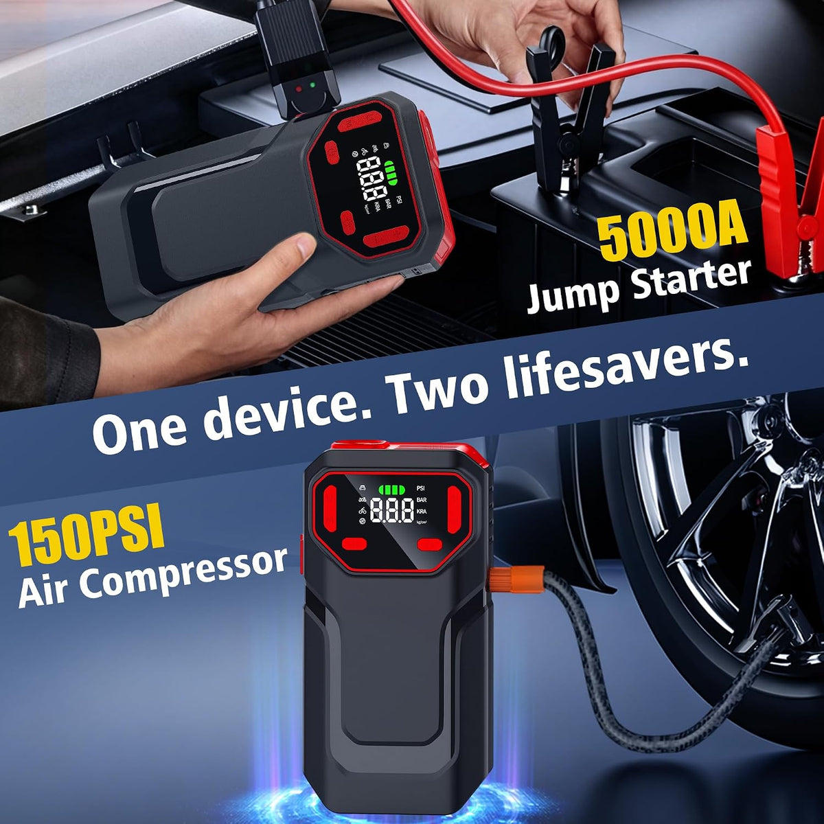 10-in-1 Jump Starter with Air Compressor,5000A Battery Jump Pack 150PSI