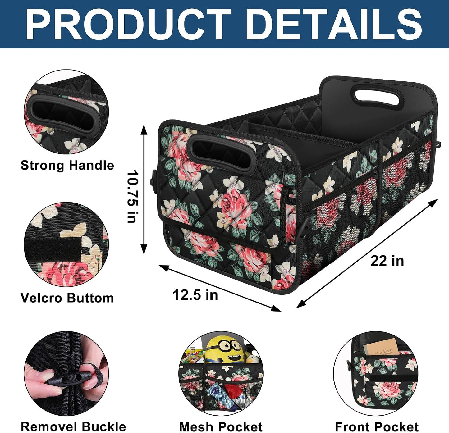Deosk Trunk Organizer and Storage with Reinforced Handles,Car Accessories for Women/Men 50L Waterproof Polyester Trunk Organzier for Car/SUV/Minivan/Truck(Medium, Floral)