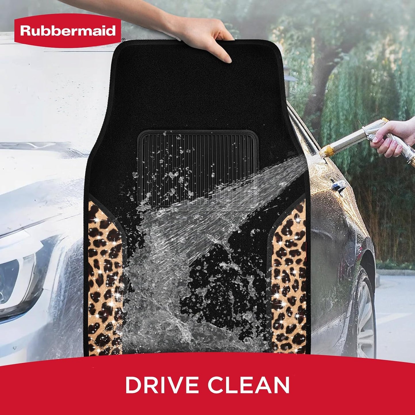 Rubbermaid Car Mats, Carpeted Floor Car Mat with Faux Leather & Built-in Heel Pad, Two-Tone Car Rug Floor Mats, Stylish Carpeted Floor Mats for Cars, Trucks & SUVs Leopard Patten Design