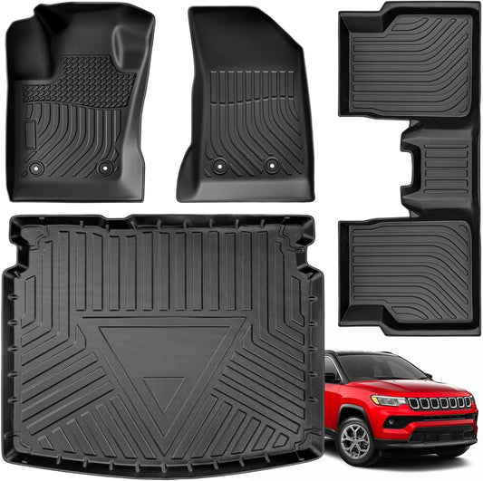 Weather Liner® for Jeep Compass Floor Mats 2026 2025 2024 2023 2022 2021 2020 2019 2018 2017, All Weather TPE Car Floor Mats Custom Fit for Front Rear Trunk Liner Set 4 PCS Accessories for Compass
