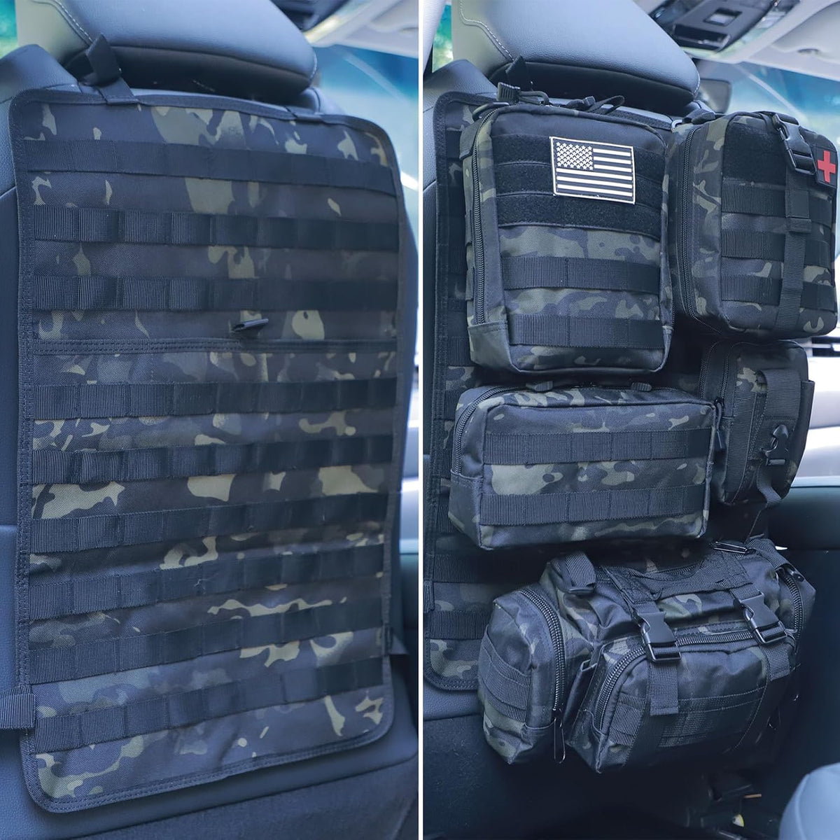 Universal Tactical Car Seat Back Organizer Bag Tactical Molle Vehicle Organizers Panel Vehicle Protector Organizers with 5 Detachable Pouches for Car Truck Ford Jeep (Black camo)